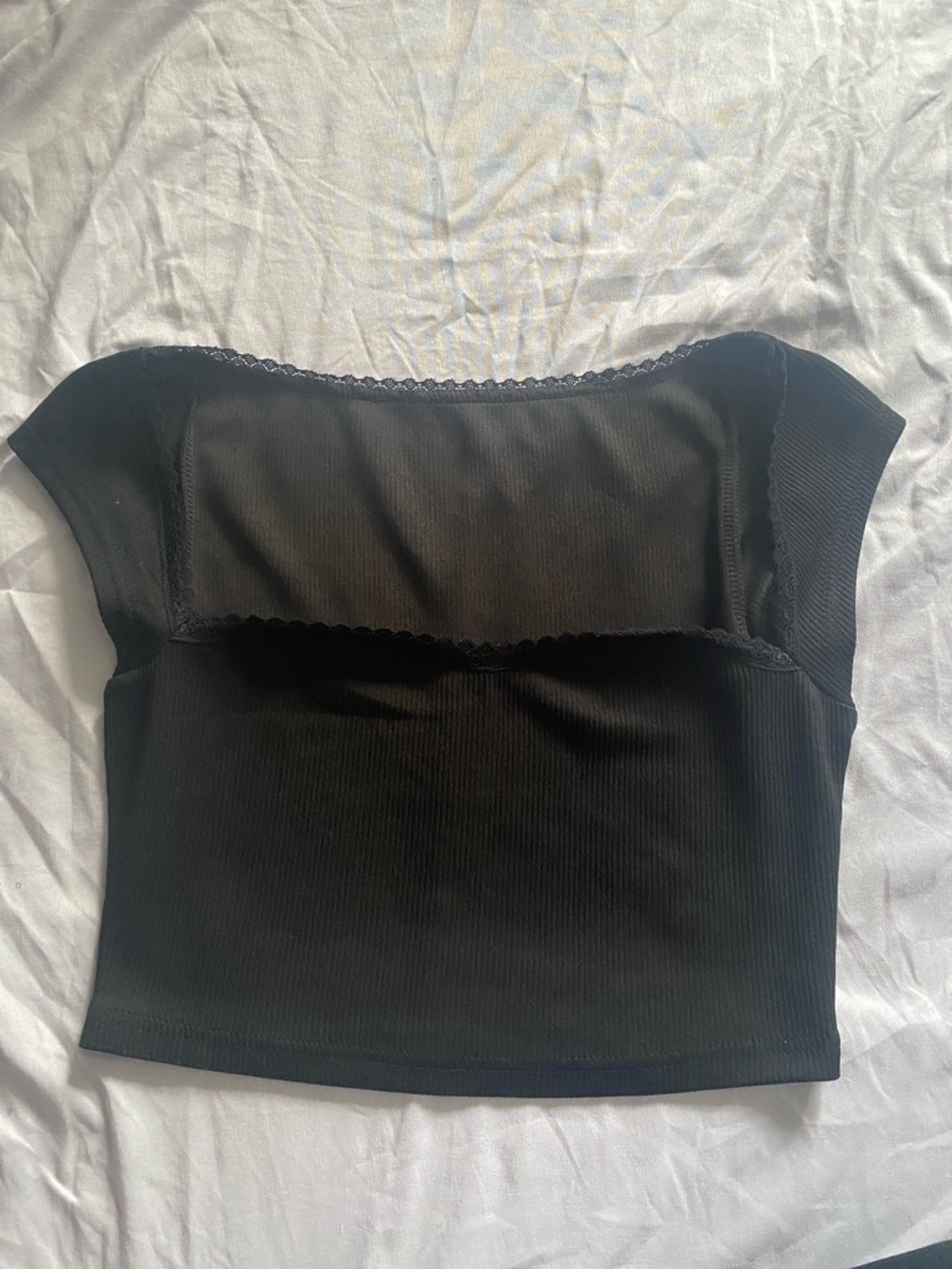 SHEIN Black Ribbed Sheer Yoke Cap-Sleeve Crop Top